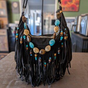 Handmade Black/Turquoise Vegan Beaded Boho Fringe Purse OOAK